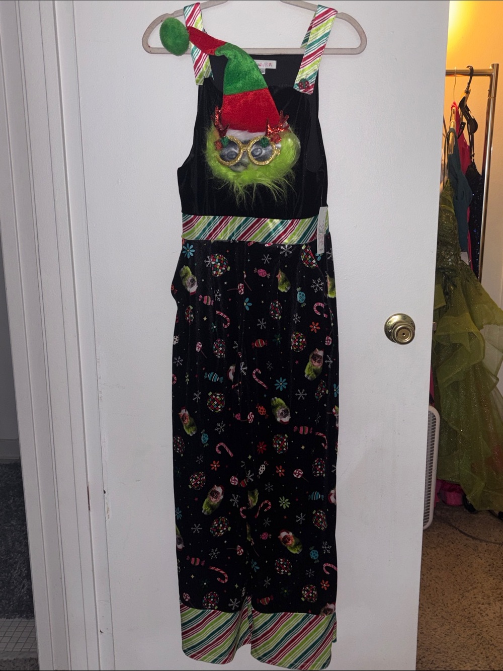 Holly and Cupid Holiday Grinch Costume Dress with Matching Hat